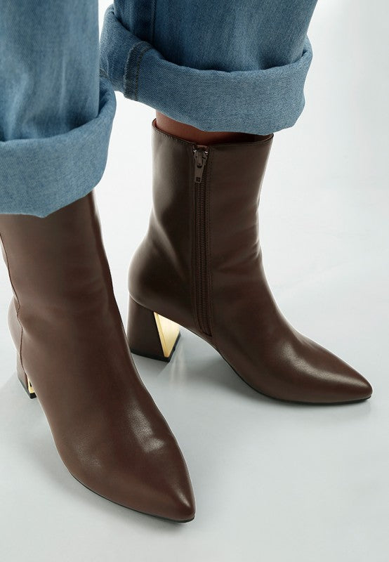 Brown Rag Company metallic accent ankle boots with pointed toes and stylish block heels
