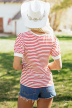 Stripe Contrast Trim Round Neck Puff Sleeve T-Shirt