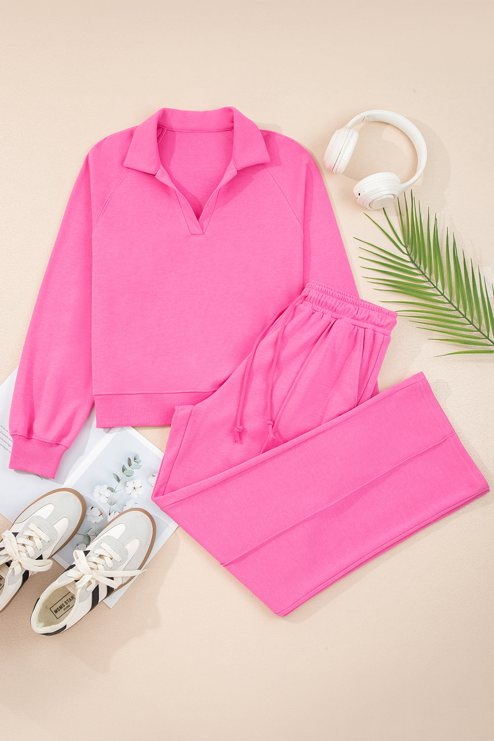 Solid Collared Top and Central Seam Pants Set