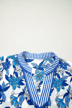 Floral Stripe Patchwork V-Neck Flounce Sleeve Blouse