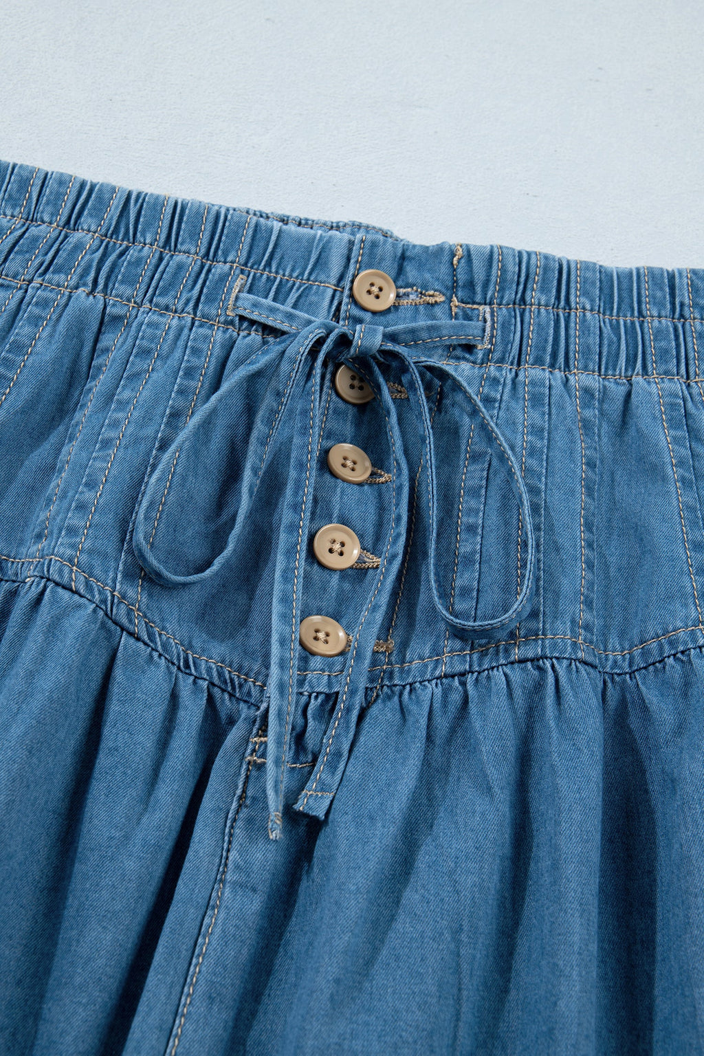 Denim Half Button Pleated Drawstring Mini Skirt