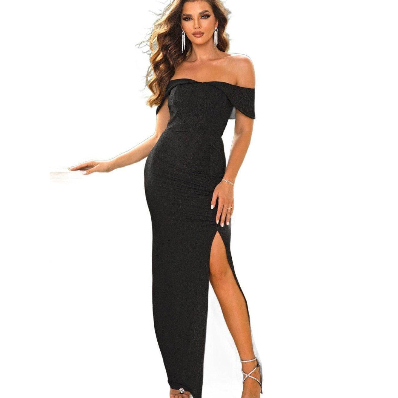 Black Off-Shoulder Split Maxi Dress - VacationGrabs