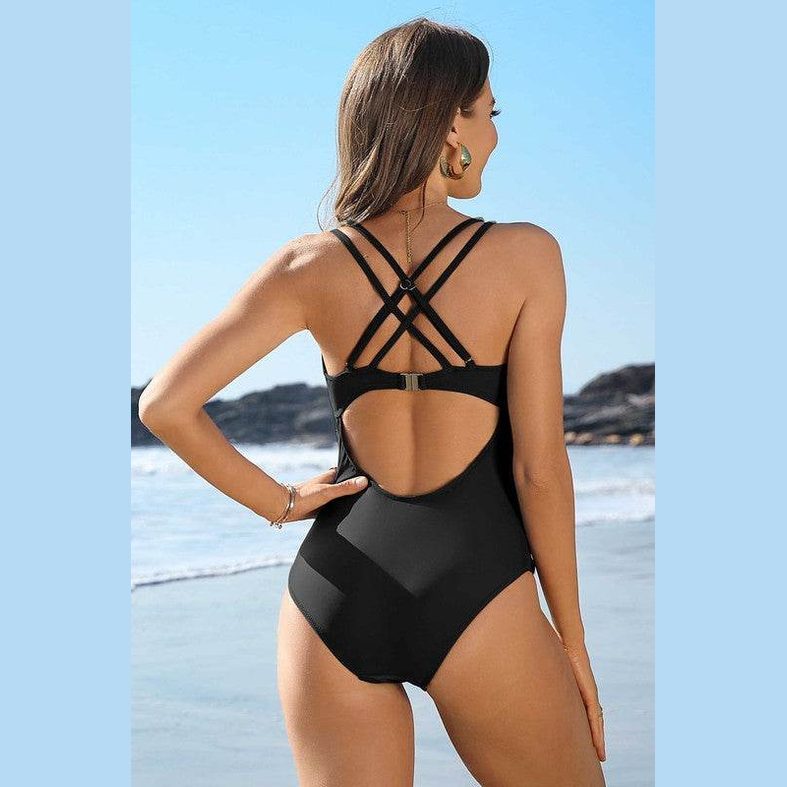 Ruched Bathing Suits Strappy V Neck Monokini - VacationGrabs