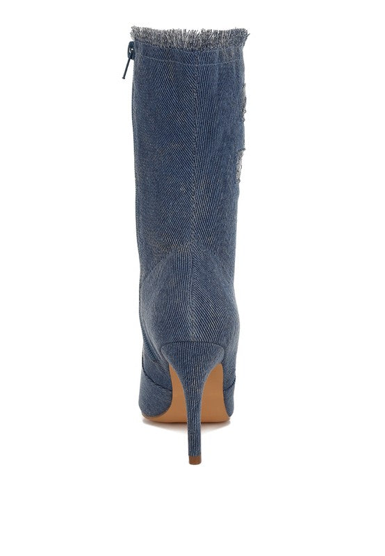 Women's Shoes - BootsHimkok Distressed Denim Mid-Calf Boots - VacationGrabs