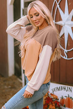 Khaki Color Block Long Sleeve Ribbed Loose Top - VacationGrabs
