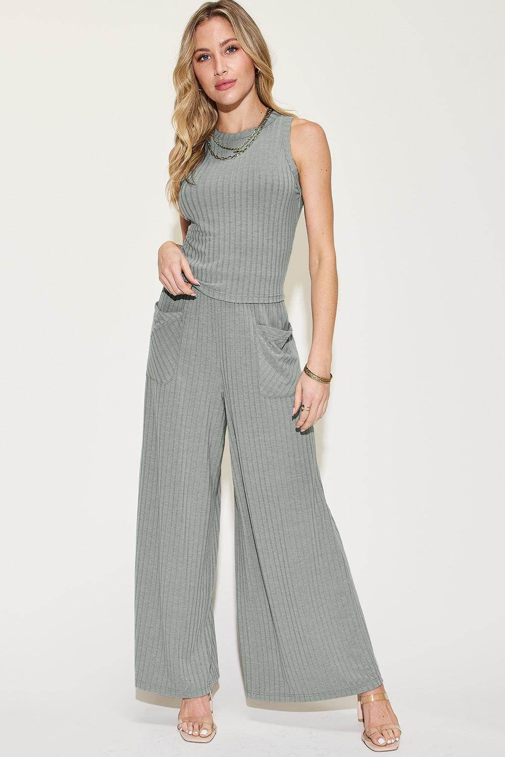 Basic Bae Full Size Ribbed Tank and Wide Leg Pants Set - VacationGrabs