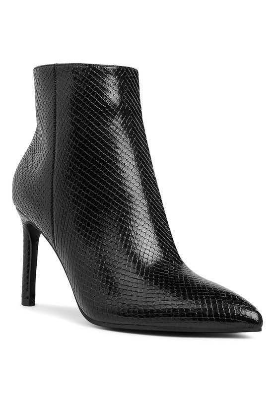 Rag Company textured stiletto heel ankle boots in black with a sleek, shiny finish