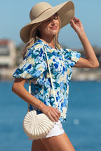Floral Puff Sleeve V-Neck Short Blouse