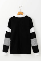 Black Striped Colorblock Patchwork Collar Sweatshirt - VacationGrabs