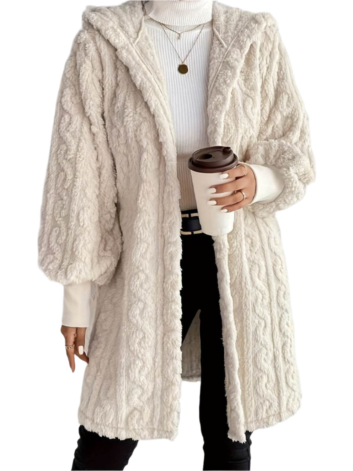 Open Front Long Sleeve Fuzzy Hooded Jacket - VacationGrabs