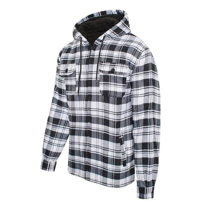 Men's Flannel Sherpa Lined Jacket with Hood - VacationGrabs