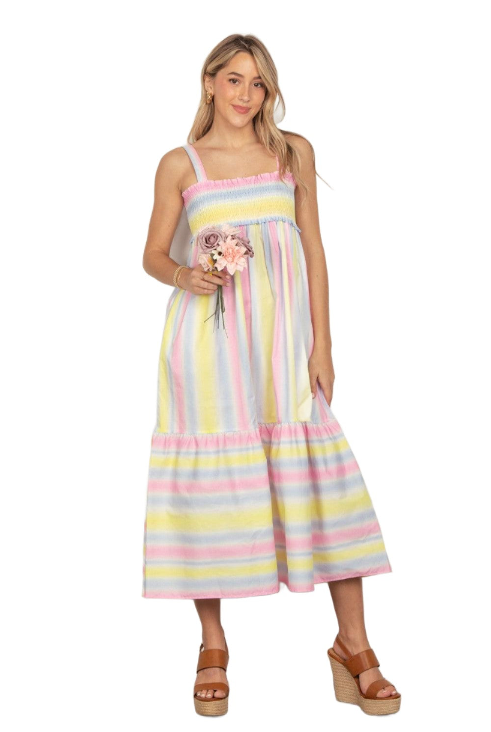 Women's Dresses VERY J Striped Woven Smocked Midi Cami Dress