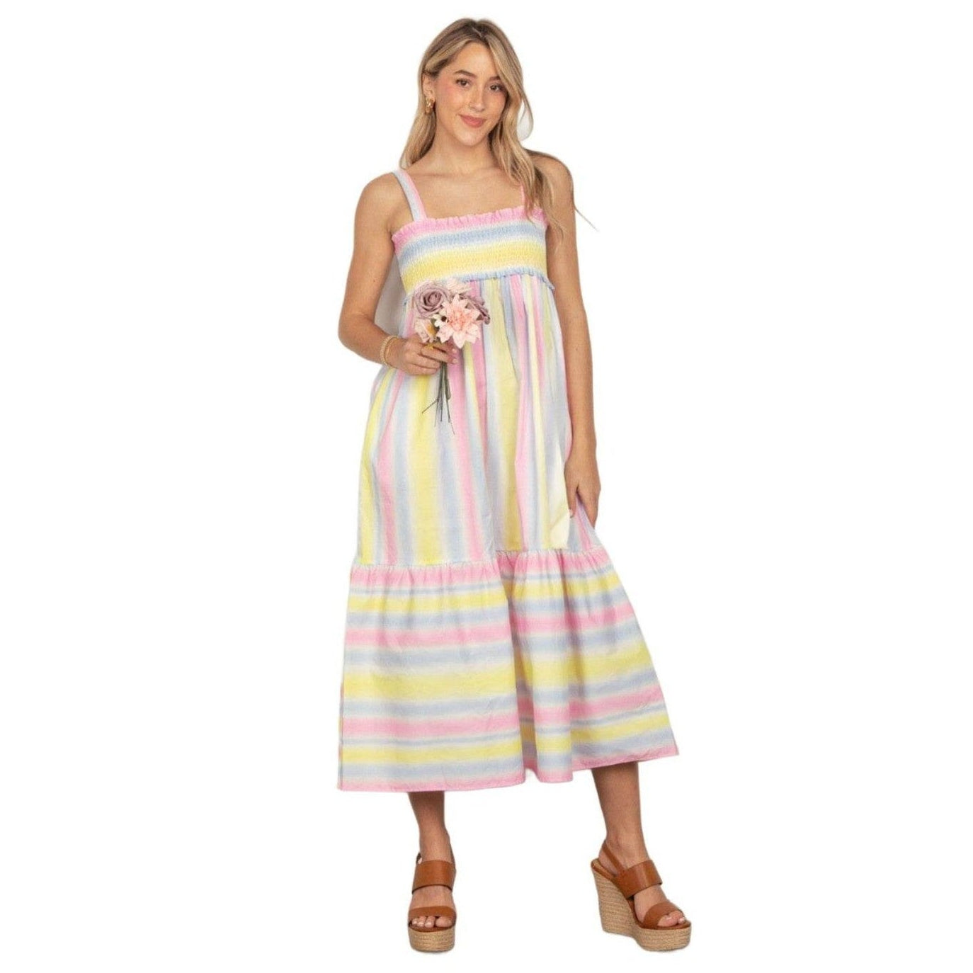 VERY J Striped Woven Smocked Midi Cami Dress - VacationGrabs