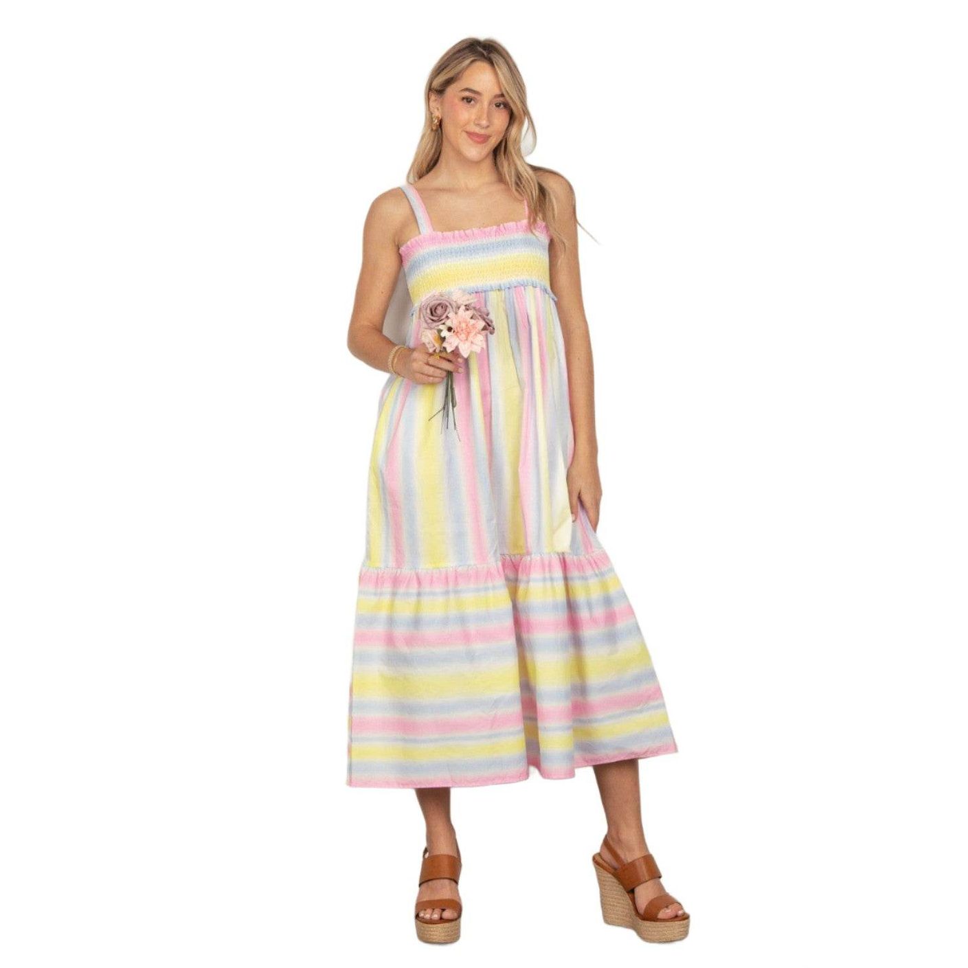 VERY J Striped Woven Smocked Midi Cami Dress - VacationGrabs