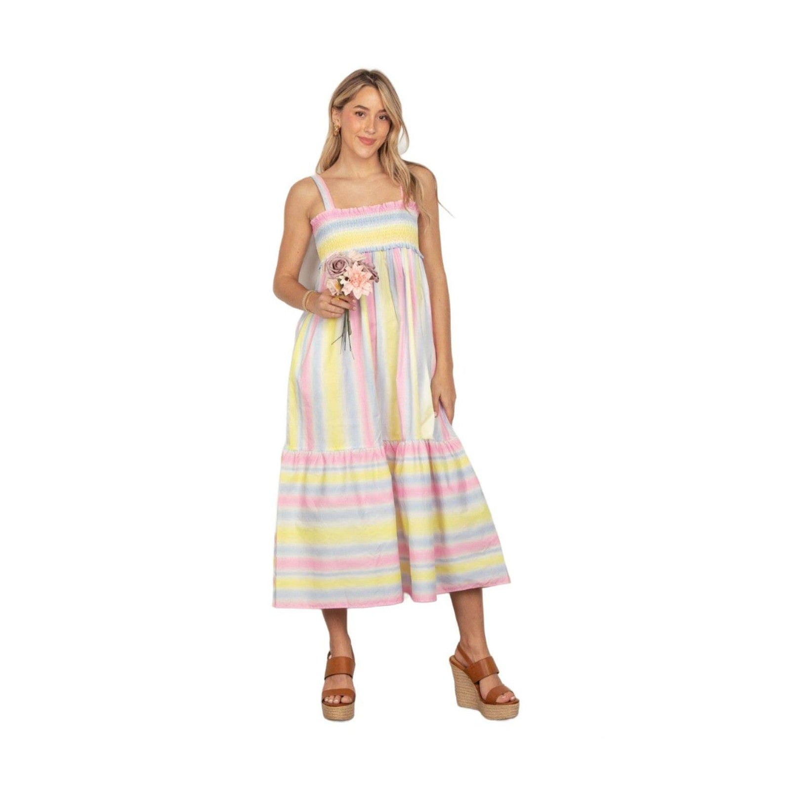 VERY J Striped Woven Smocked Midi Cami Dress - VacationGrabs
