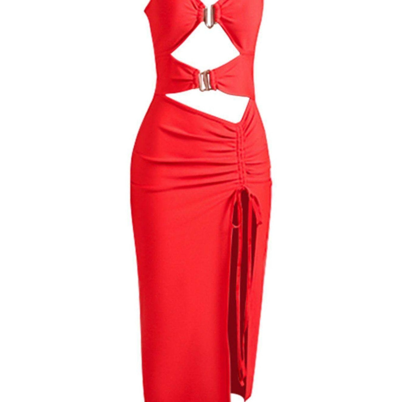 Cutout Strapless Drawstring Detail Split Bandage Dress - VacationGrabs