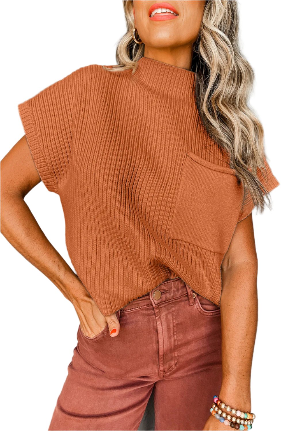 Women's SweatersGold Flame Patch Pocket Ribbed Knit Short Sleeve Sweater - VacationGrabs