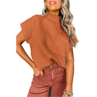 Gold Flame Patch Pocket Ribbed Knit Short Sleeve Sweater - VacationGrabs