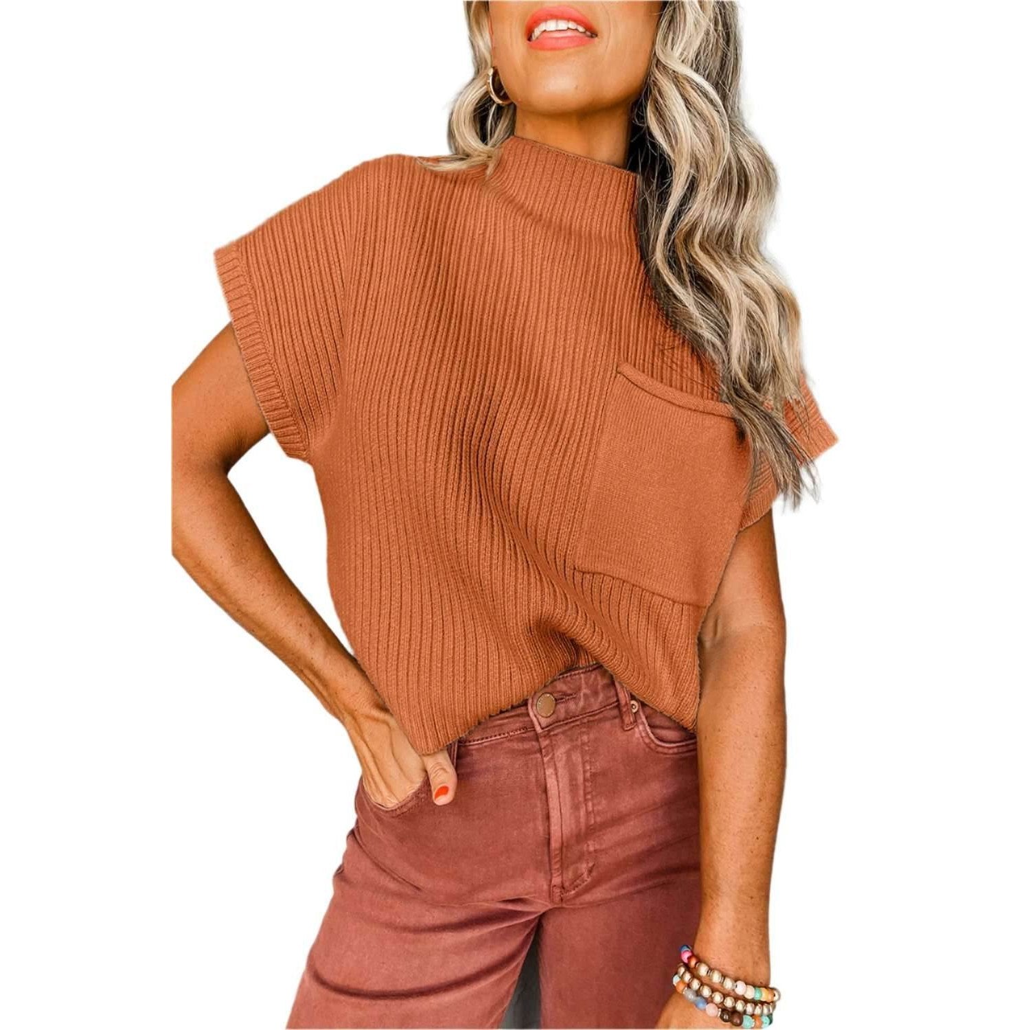 Gold Flame Patch Pocket Ribbed Knit Short Sleeve Sweater - VacationGrabs
