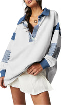 Women's Sweatshirts & HoodiesDark Blue Striped Colorblock Patchwork Collar Sweatshirt - VacationGrabs