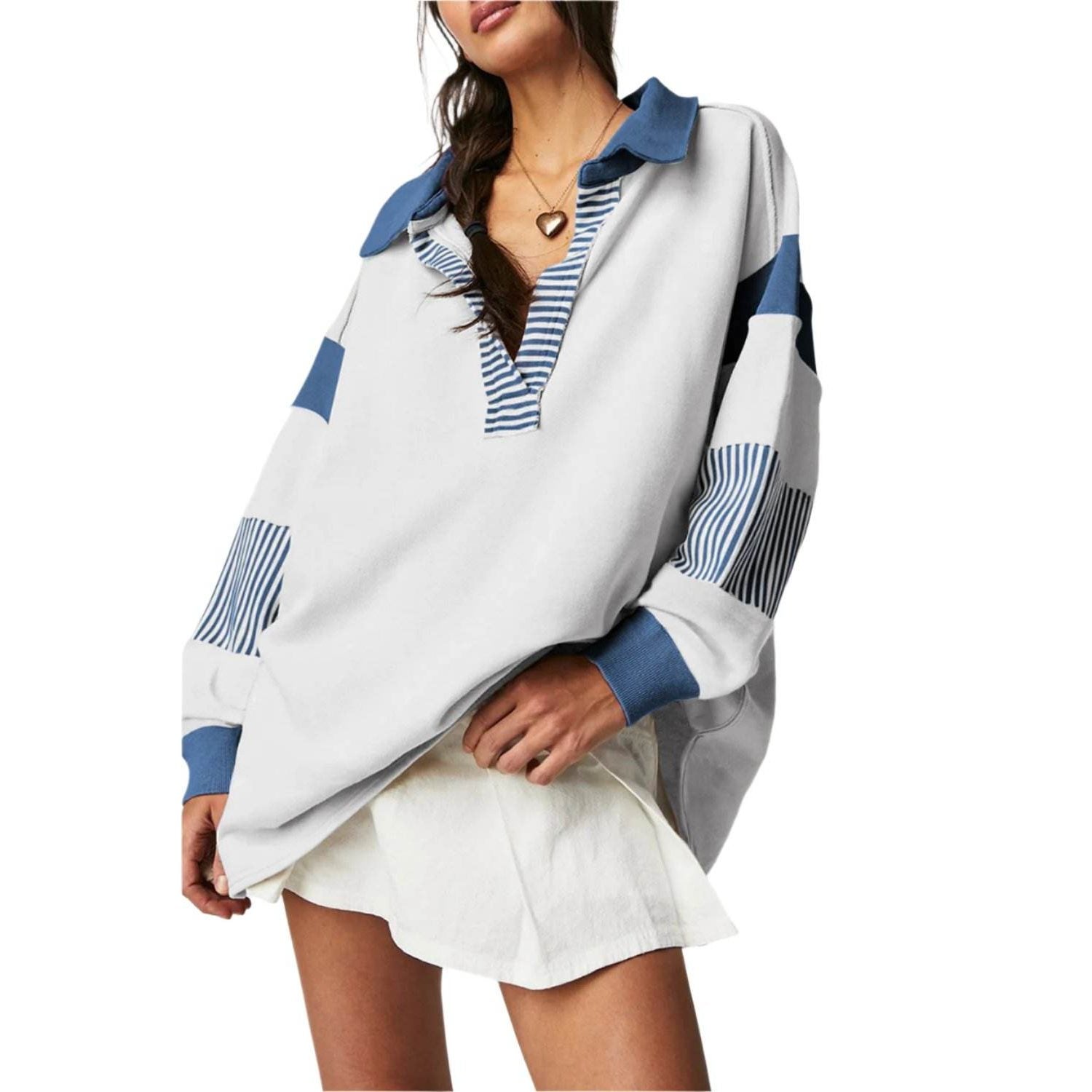 Dark Blue Striped Colorblock Patchwork Collar Sweatshirt - VacationGrabs