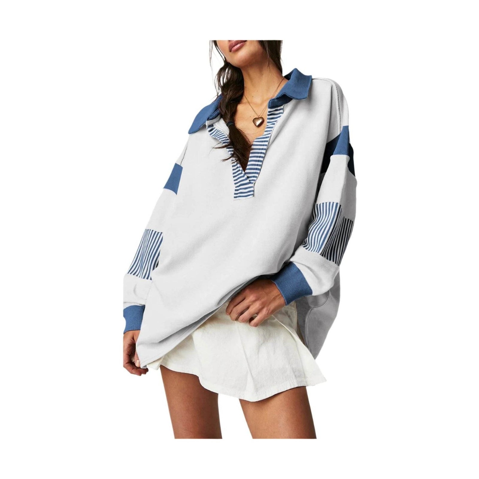 Dark Blue Striped Colorblock Patchwork Collar Sweatshirt - VacationGrabs