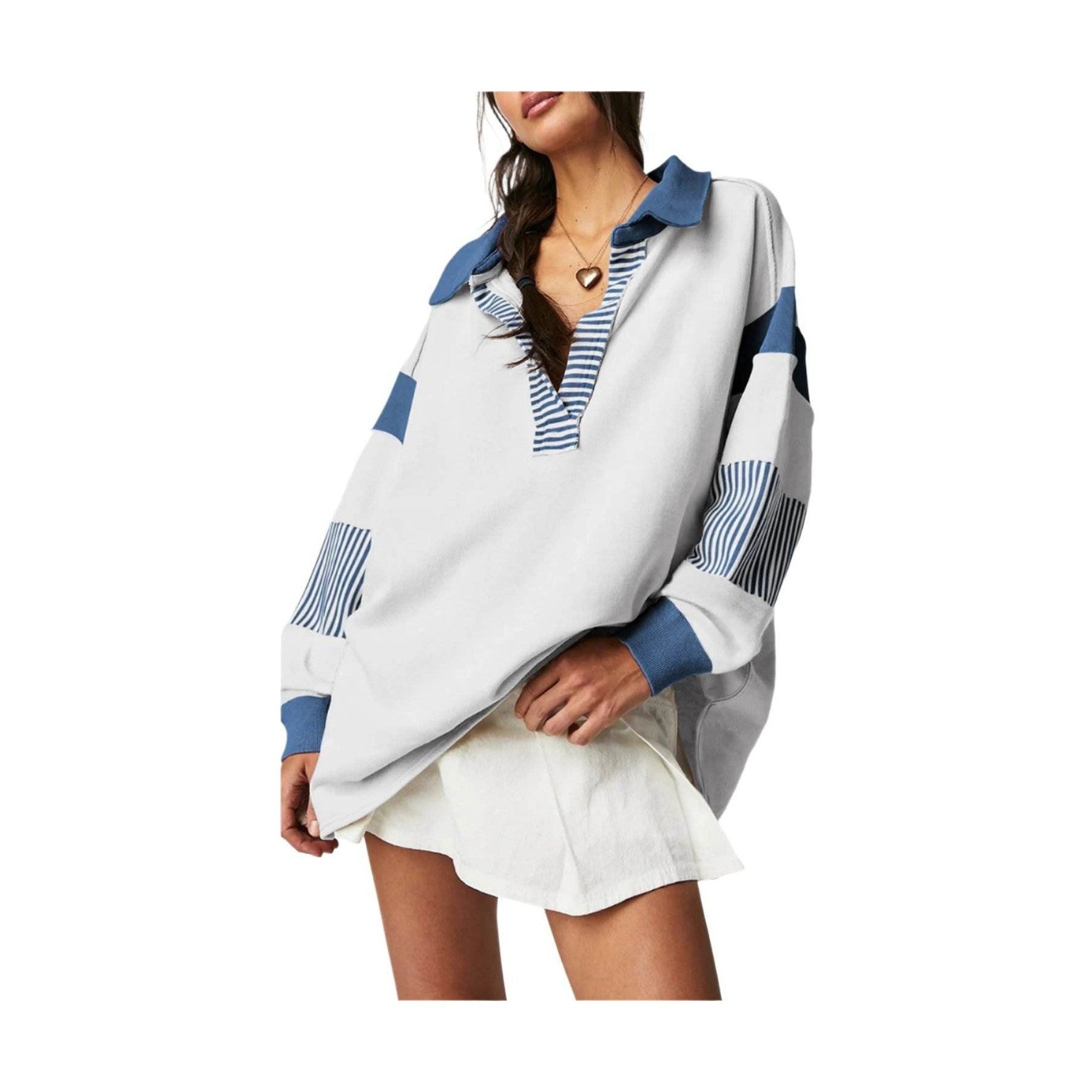 Dark Blue Striped Colorblock Patchwork Collar Sweatshirt - VacationGrabs