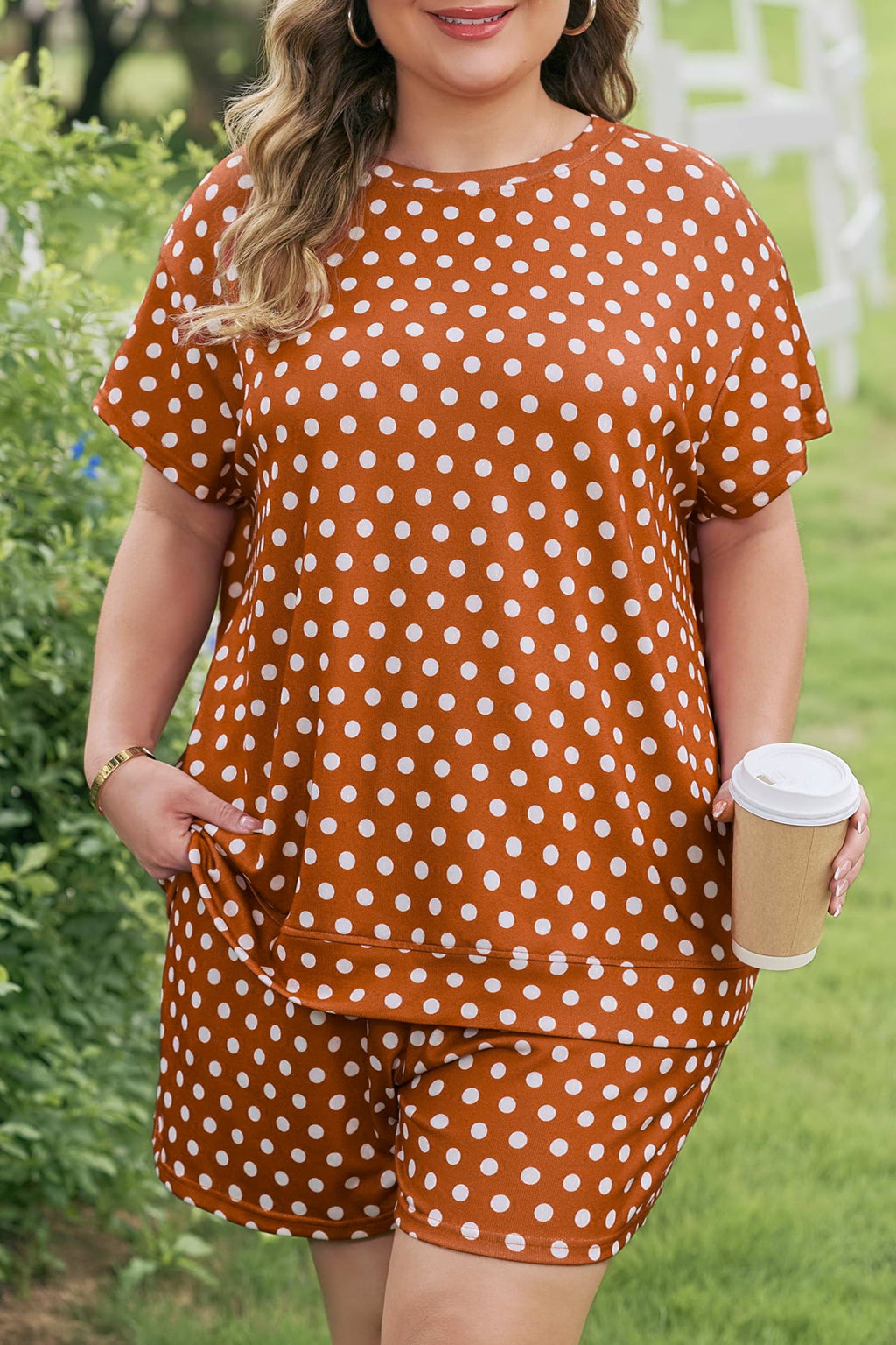 Plus Size Polka Dot Tee & Loose Shorts Set