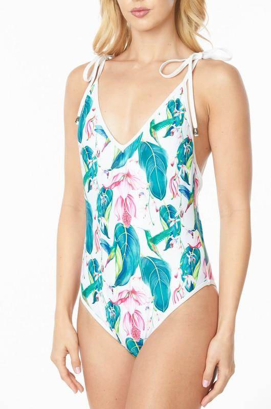 One Piece Bathing Suit Floral Print Shouler Top Ti - VacationGrabs