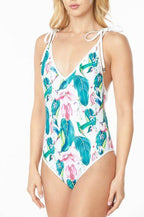 One Piece Bathing Suit Floral Print Shouler Top Ti - VacationGrabs