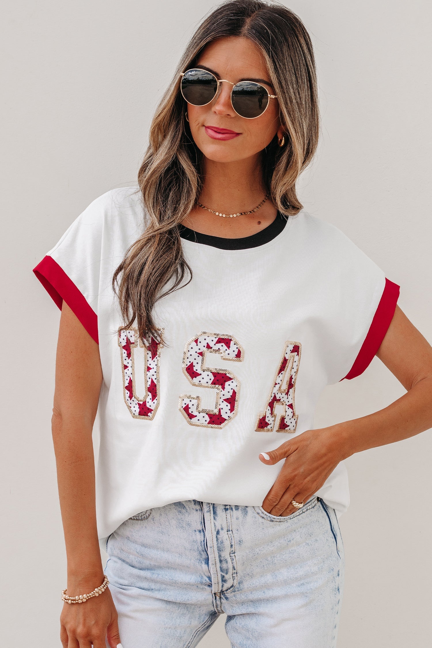 Sequin Star USA Patch Colorblock Trim T-Shirt