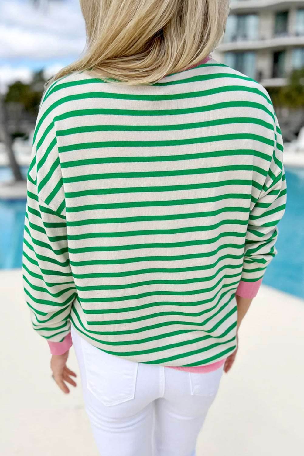 Bright Green Striped Contrast Edge Long Sleeve Top - VacationGrabs