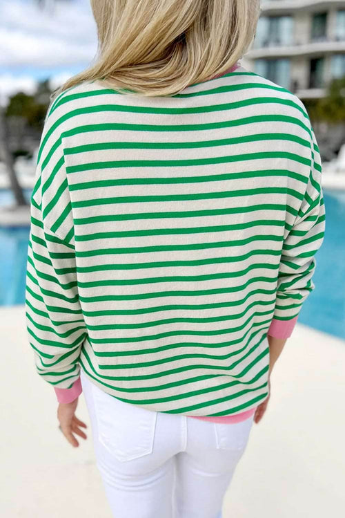 Bright Green Striped Contrast Edge Long Sleeve Top - VacationGrabs