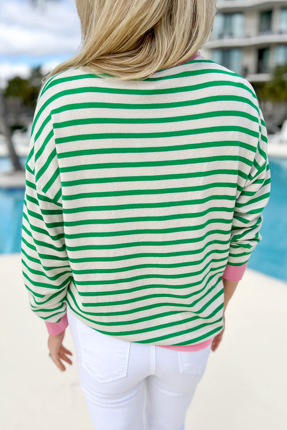 Women's ShirtsBright Green Striped Contrast Edge Long Sleeve Top - VacationGrabs