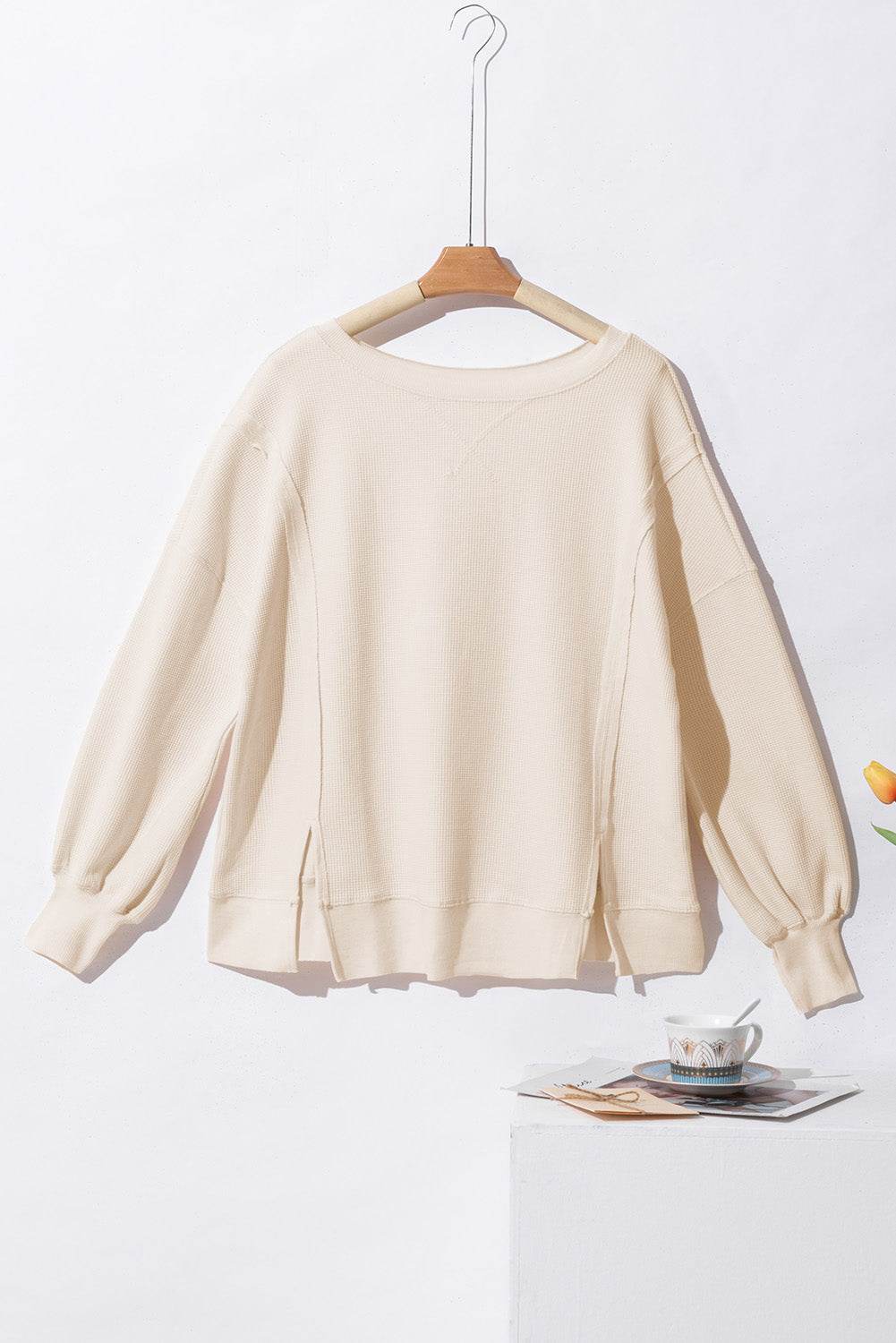 White Waffle knit Bishop Sleeve Split Oversized Top - VacationGrabs