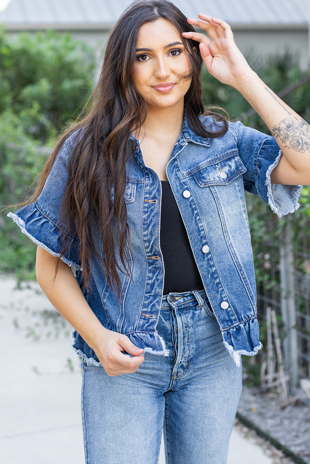 Women's Coats & JacketsPeacock Blue Raw Edge Ruffled Short Sleeve Denim Jacket - VacationGrabs