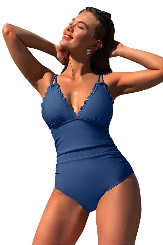 Scalloped V Neck Cut Out Monokini Swimwear - VacationGrabs