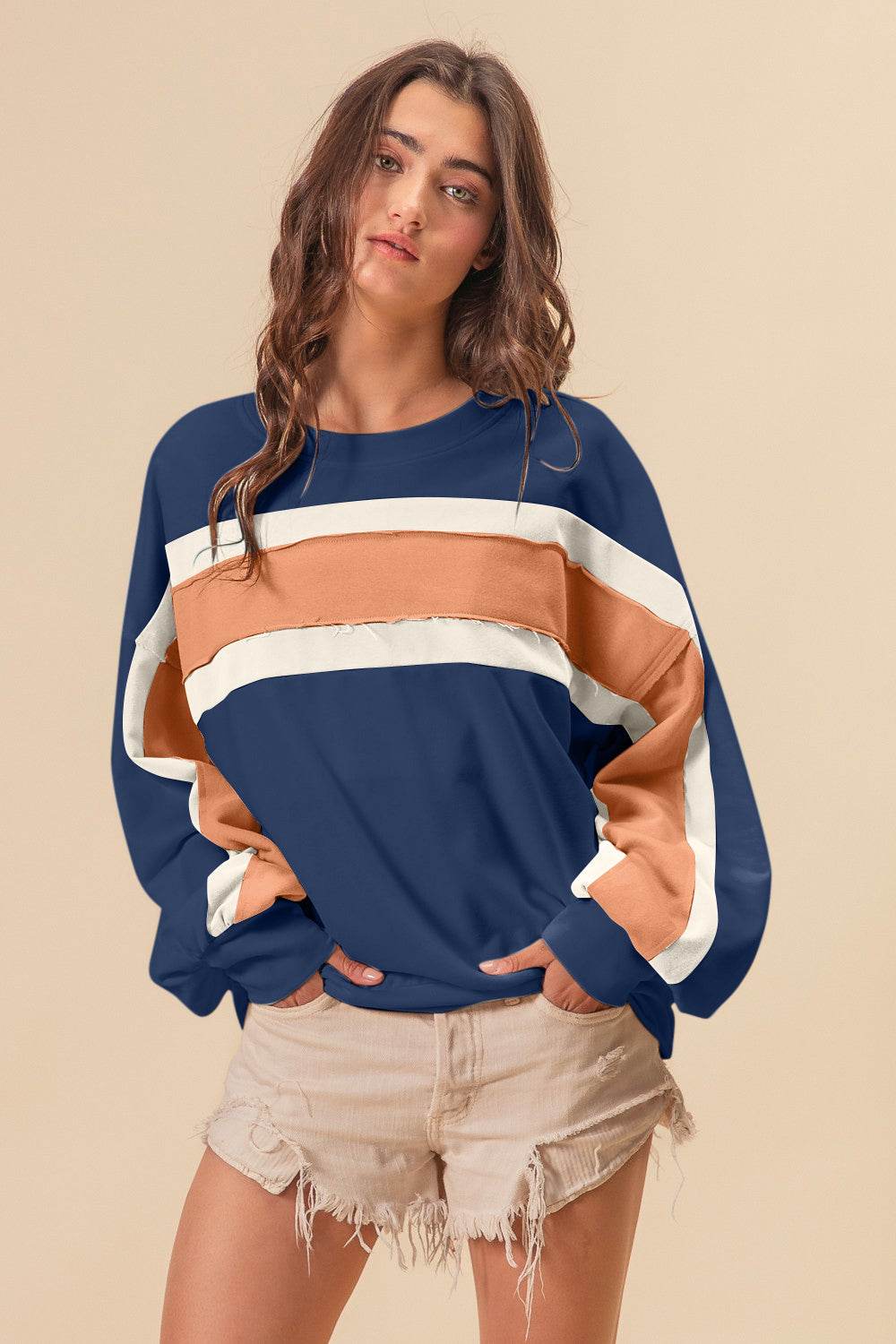 BiBi French Terry Color Block Cut Edge Detail Sweatshirt - VacationGrabs