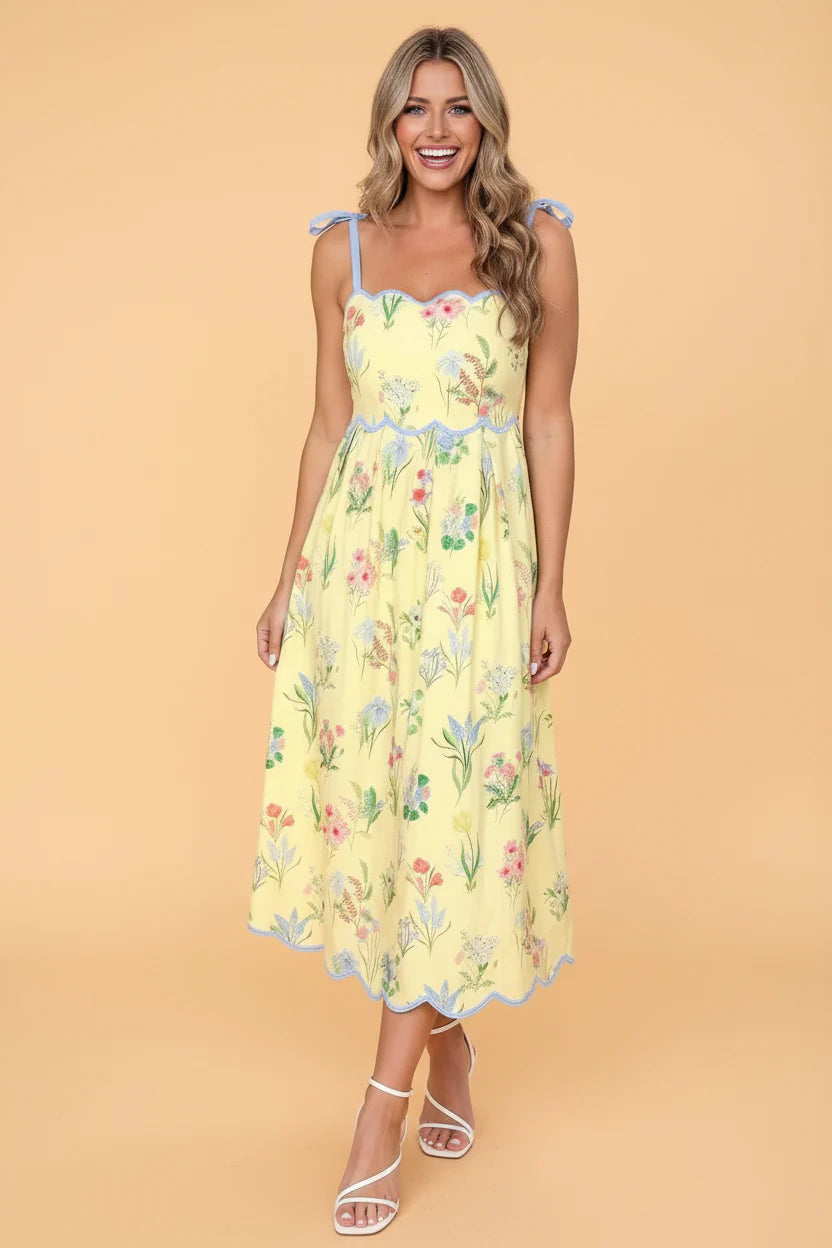 Floral Contrast Trim Tie Strap Midi Dress