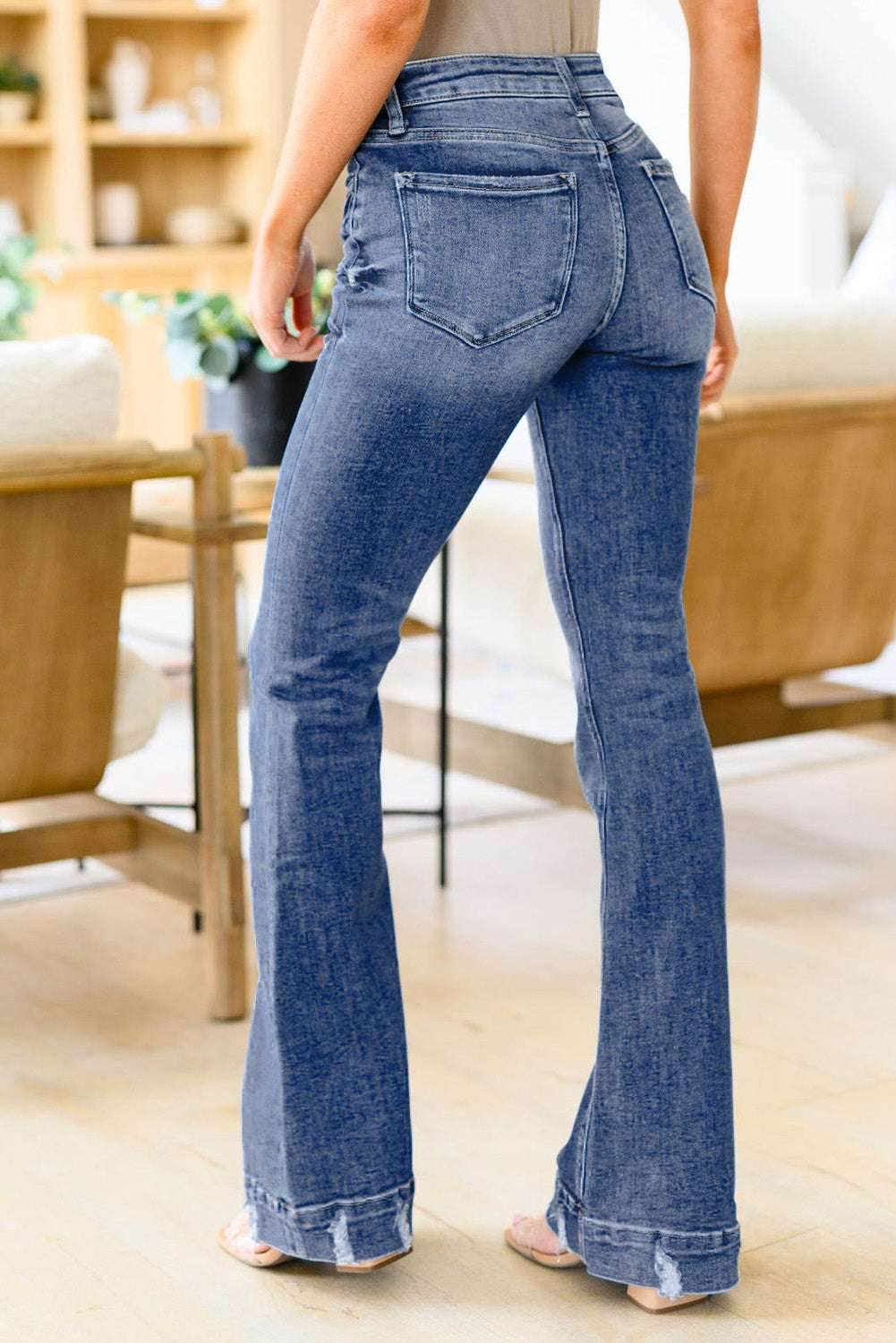 Sky Blue Slight Distressed Medium Wash Flare Jeans - VacationGrabs