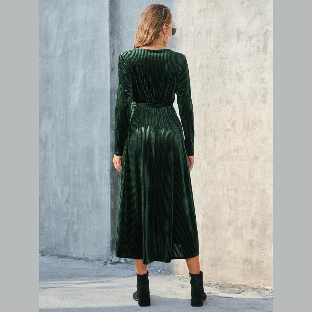 Tie Front Long Sleeve Slit Dress - VacationGrabs