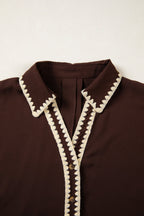Contrast Trim Button V-Neck Short Sleeve Blouse