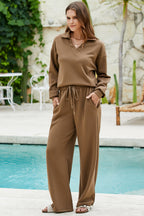 Solid V-Neck Top and High Waist Pants Set