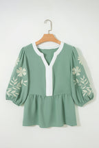 Floral Embroidered Colorblock Puff Sleeve Babydoll Blouse