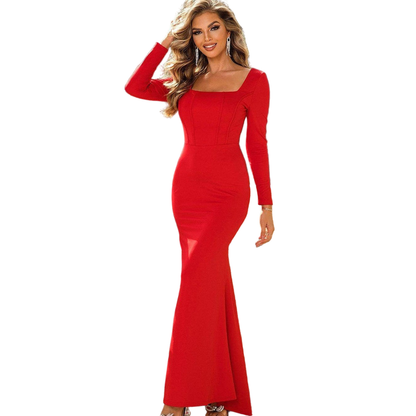Square Neck Long Sleeve Dress - VacationGrabs