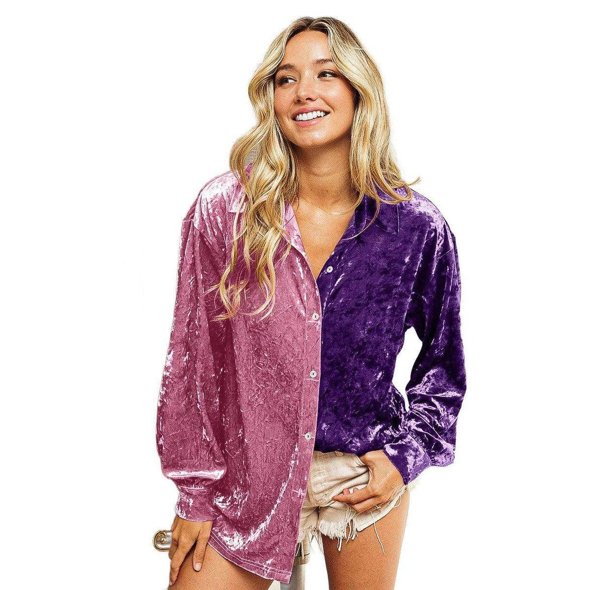 BiBi Contrast Button Up Long Sleeve Shirt - VacationGrabs