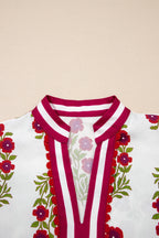 Floral Contrast Slit V-Neck Short Bubble Sleeve Blouse