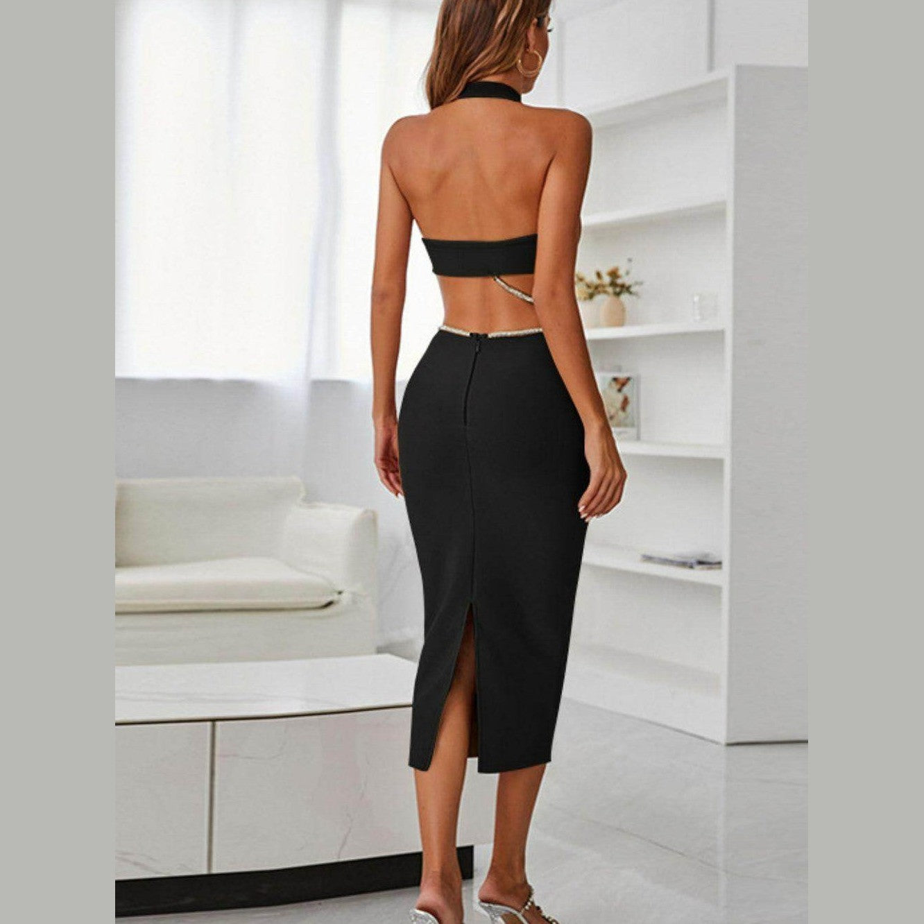 Rhinestone Halter Neck Cutout Slit Midi Dress - VacationGrabs
