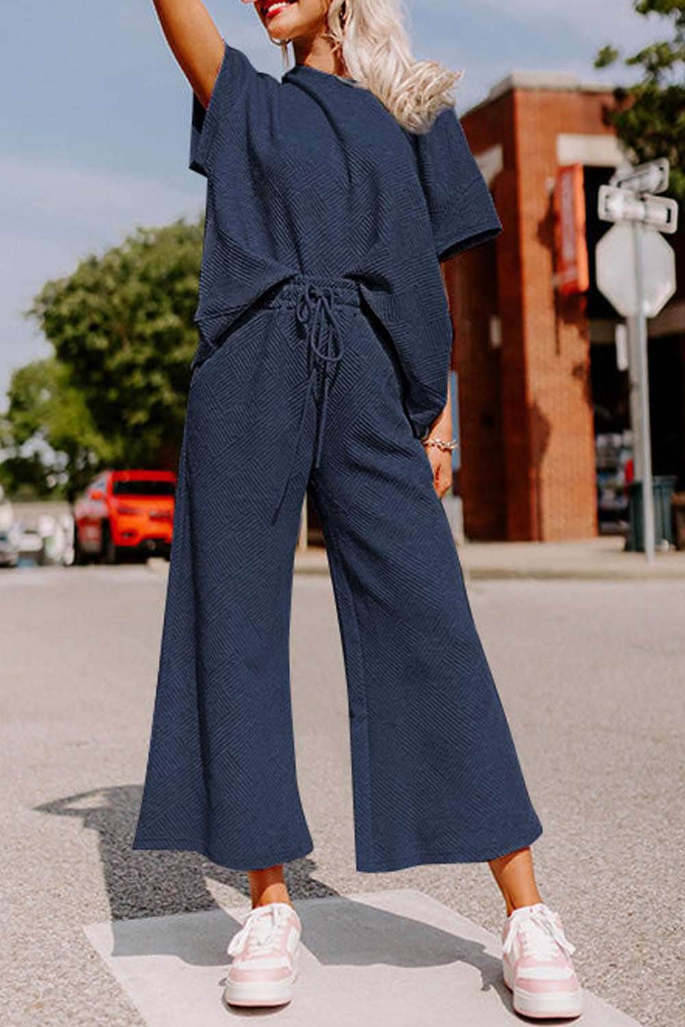 Navy Blue Textured Loose Fit T Shirt and Drawstring Pants Set - VacationGrabs