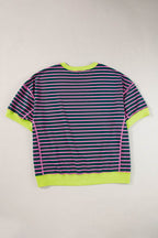 Green Stripe Oversized Contrast Trim Exposed Seam High Low T Shirt - VacationGrabs
